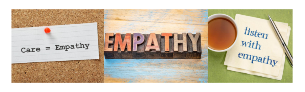 3 graphics depicting empathy, caring, listening.