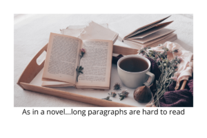 Readability is reduced when paragraphs are long, as in a novel, or full of complex sentences